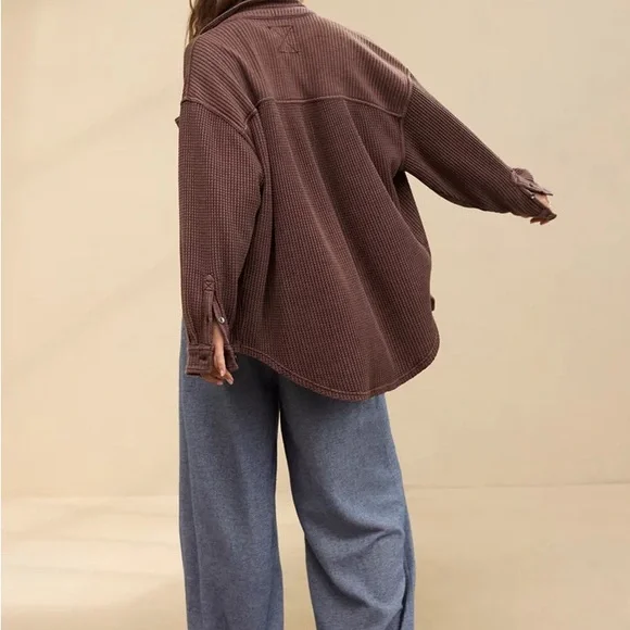 Aerie Anytime Fave Brown Waffle Knit Button-Up Shirt - Picture 3 of 6